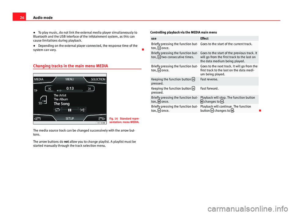 Seat Leon SC 2013  MEDIA SYSTEM TOUCH - COLOUR 26Audio mode●To play music, do not link the external media player simultaneously toBluetooth and the USB interface of the infotainment system, as this cancause limitations during playback.
●
Depen