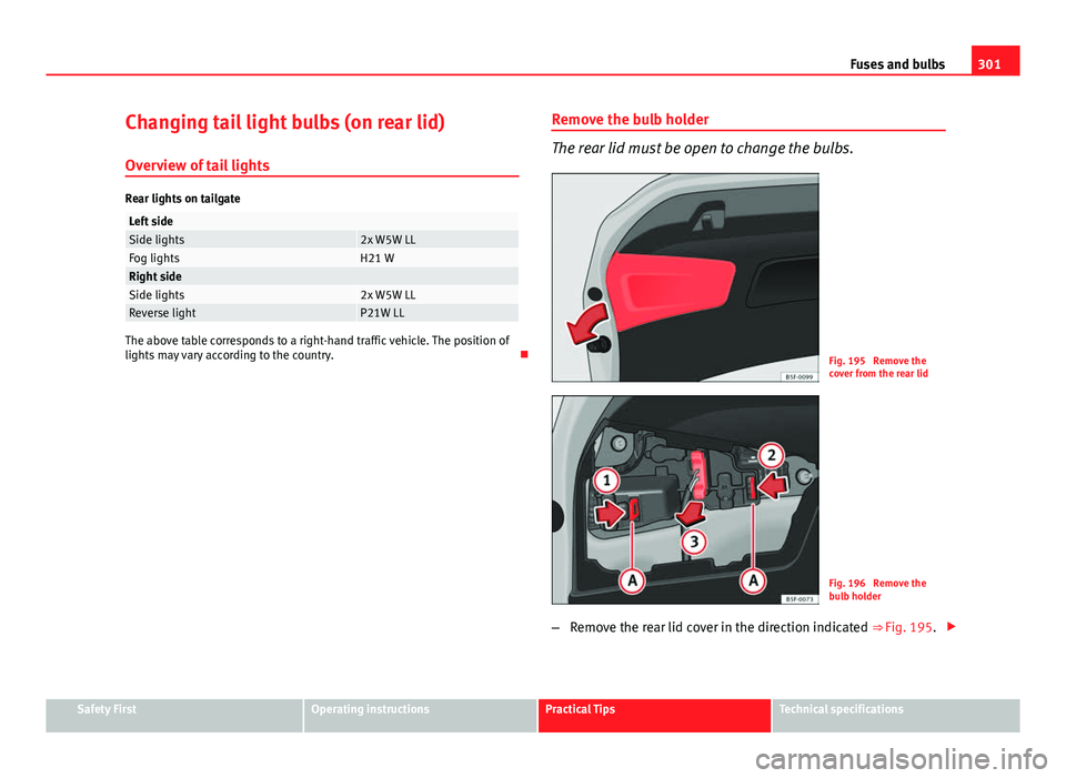 Seat Leon Sportstourer 2013  Owners manual 301
Fuses and bulbs
Changing tail light bulbs (on rear lid)
Overview of tail lights
Rear lights on tailgate
Left sideSide lights2x W5W LLFog lightsH21 WRight sideSide lights2x W5W LLReverse lightP21W 