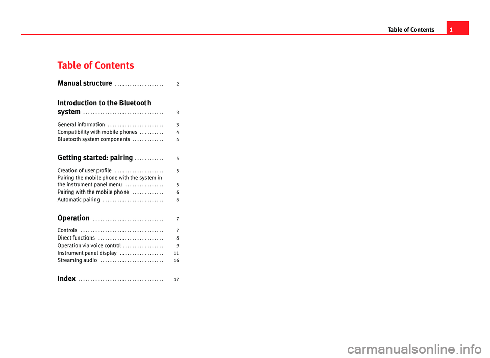 Seat Leon 5D 2011 BLUETOOTH SYSTEM Table of Contents
Manual structure . . . . . . . . . . . . . . . . . . . . 2
Introduction to the Bluetooth
system . . . . . . . . . . . . . . . . . . . . . . . . . . . . . . . . . 3
General informati Seat Leon 5D 2011 BLUETOOTH SYSTEM Table of Contents
Manual structure . . . . . . . . . . . . . . . . . . . . 2
Introduction to the Bluetooth
system . . . . . . . . . . . . . . . . . . . . . . . . . . . . . . . . . 3
General informati