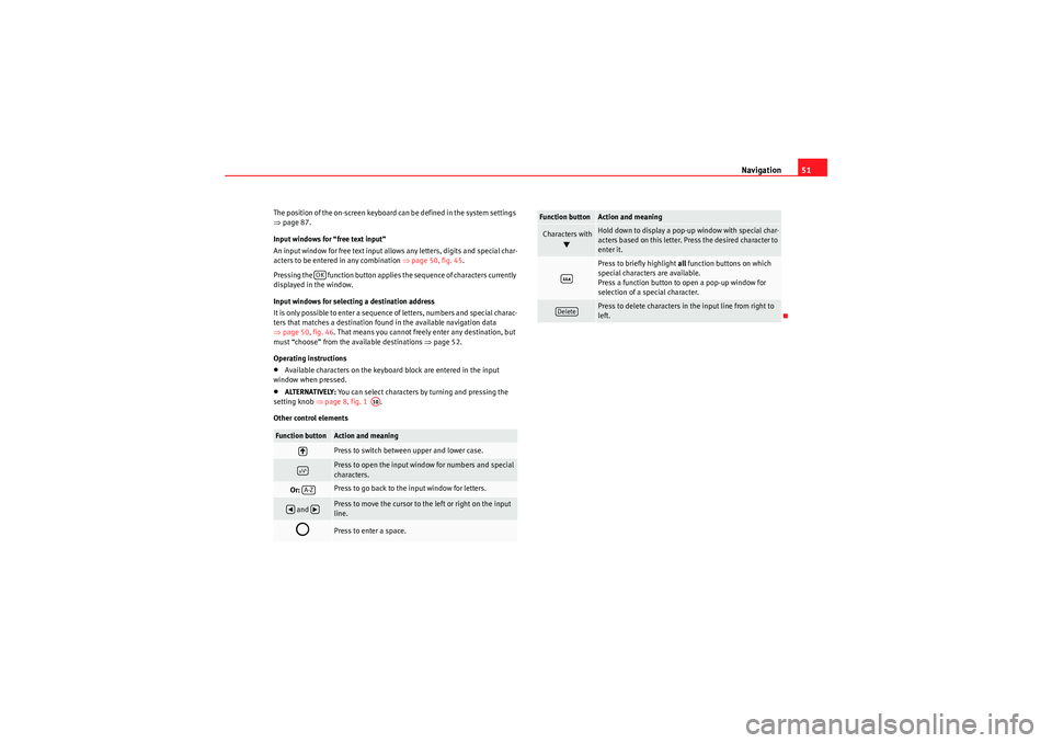 Seat Leon 5D 2010  MEDIA SYSTEM 2.2 Navigation51
The position of the on-screen keyboard can be defined in the system settings 
⇒page 87.
Input windows for “free text input”
An input window for free text input allows any letters, d