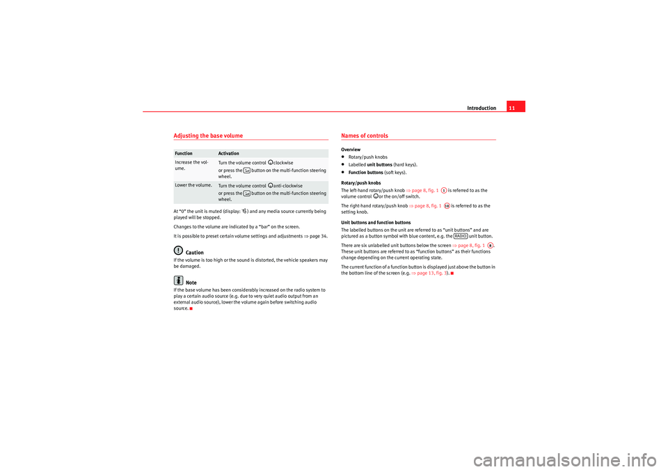 Seat Leon 5D 2010  SOUND SYSTEM 2.0 Introduction11
Adjusting the base volumeAt “0” the unit is muted (display: 
) and any media source currently being 
played will be stopped.
Changes to the volume are indicated by a “bar” on