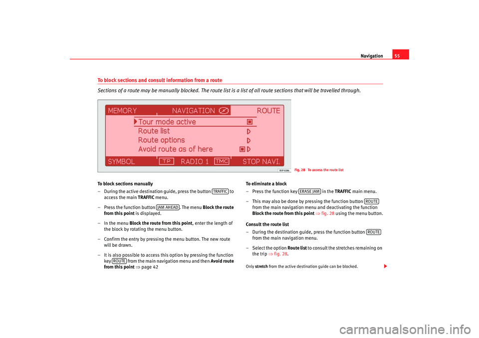 Seat Leon 5D 2009  RADIO-NAVIGATION 300 MP3 Navigation55
To block sections and consult information from a route
Sections of a route may be manually blocked. The route list is  a list of all route sections that will be travelled through. To bloc