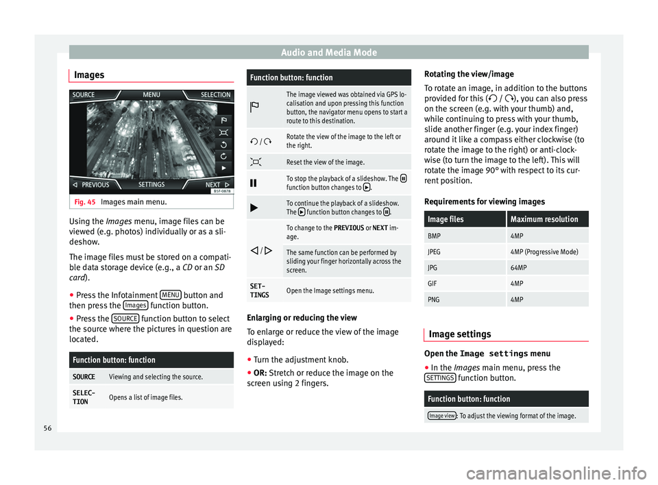 Seat Toledo 2017  MEDIA SYSTEM PLUS - NAVI SYSTEM - NAVI SYSTEM PLUS Audio and Media Mode
Images Fig. 45 
Images main menu. Using the Ima
ge
s  menu, image files can be
viewed (e.g. photos) individually or as a sli-
deshow.
The image files must be stored on a compati-
