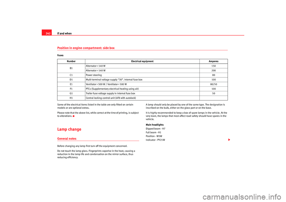Seat Toledo 2005 Owners manual If and when
242Position in engine compartment: side boxFuses
Some of the electrical items listed in the table are only fitted on certain
models or are optional extras.
Please note that the above list Seat Toledo 2005 Owners manual If and when
242Position in engine compartment: side boxFuses
Some of the electrical items listed in the table are only fitted on certain
models or are optional extras.
Please note that the above list