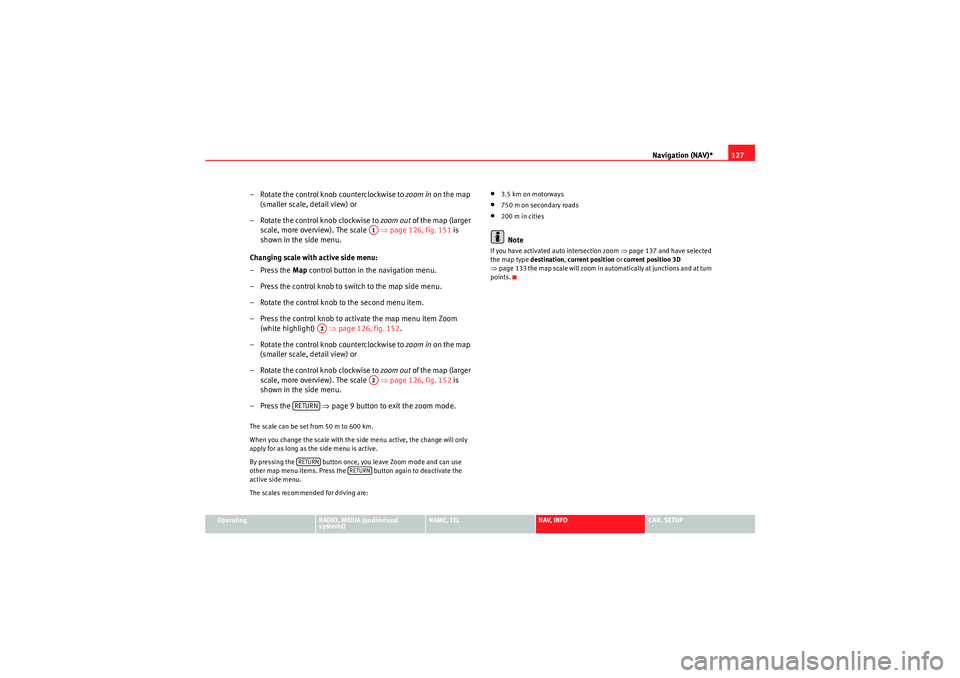 Seat Exeo 2012  MEDIA SYSTEM E Navigation (NAV)*127
Operating
RADIO, MEDIA (audiovisual 
systems)
NAME, TEL
NAV, INFO
CAR, SETUP
– Rotate the control knob counterclockwise to zoom in  on the map 
(smaller scale, detail view) or
