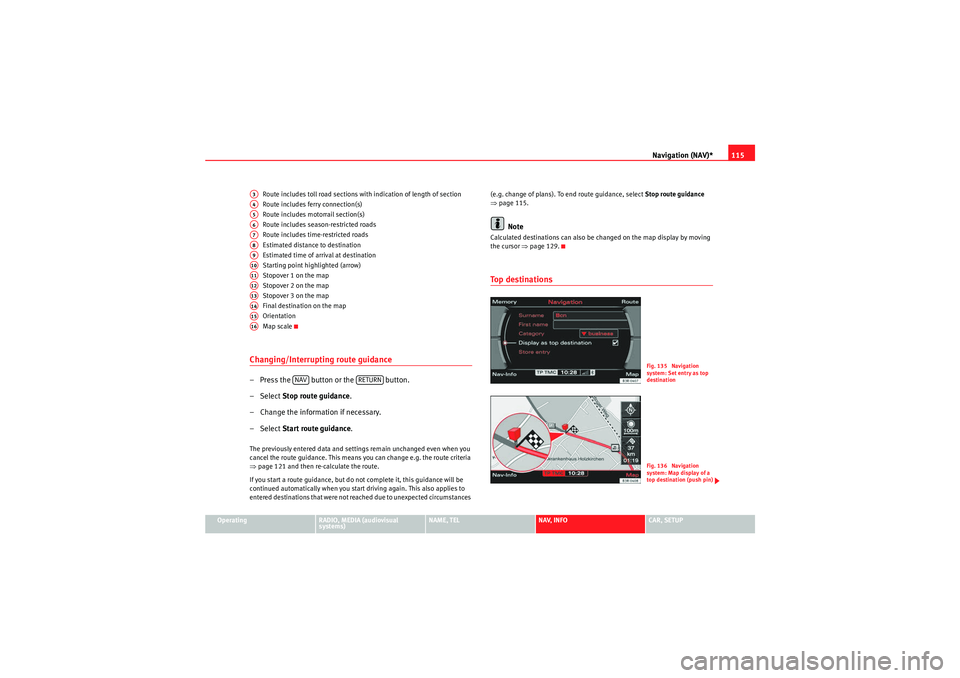 Seat Exeo 2011  MEDIA SYSTEM E Navigation (NAV)*115
Operating
RADIO, MEDIA (audiovisual 
systems)
NAME, TEL
NAV, INFO
CAR, SETUP
Route includes toll road sections with indication of length of section
Route includes ferry connection