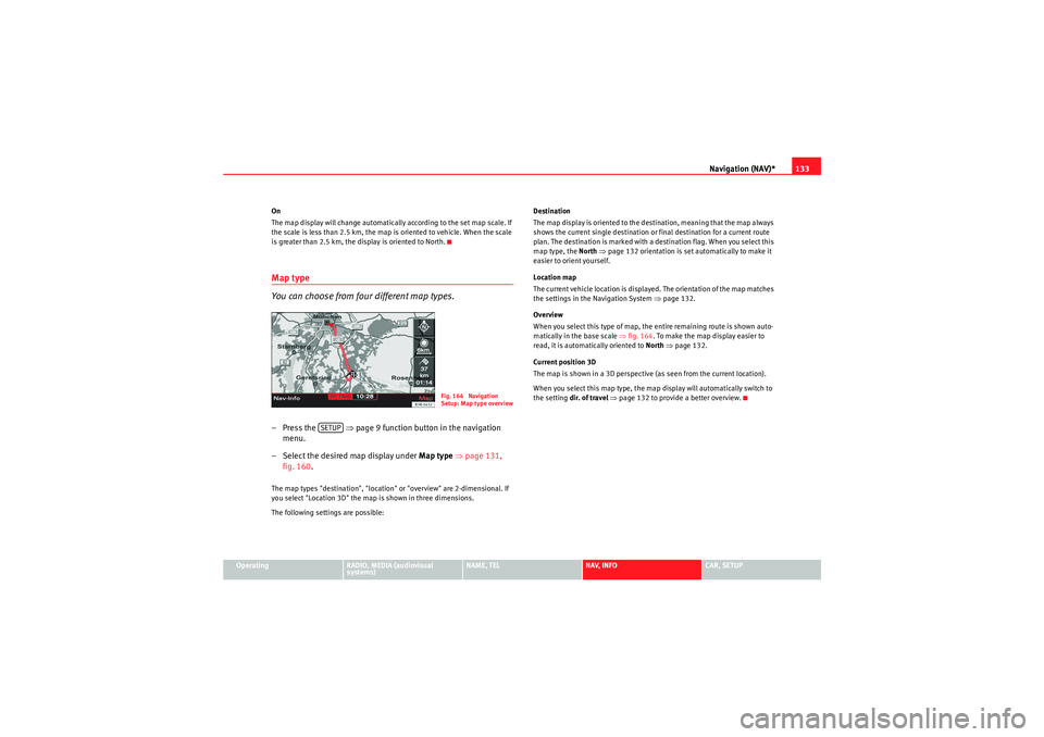Seat Exeo 2011  MEDIA SYSTEM E Navigation (NAV)*133
Operating
RADIO, MEDIA (audiovisual 
systems)
NAME, TEL
NAV, INFO
CAR, SETUP
On
The map display will change automatically according to the set map scale. If 
the scale is less tha