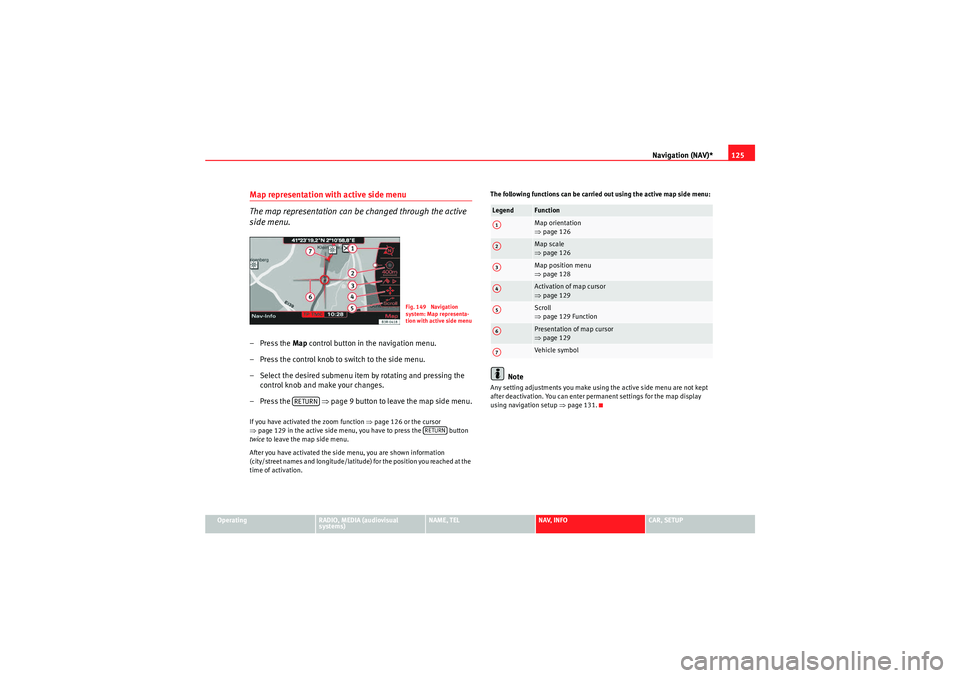 Seat Exeo 2010 MEDIA SYSTEM E Navigation (NAV)*125
Operating
RADIO, MEDIA (audiovisual
systems)
NAME, TEL
NAV, INFO
CAR, SETUP
Map representation with active side menu
The map representation can be changed through the active
sid Seat Exeo 2010 MEDIA SYSTEM E Navigation (NAV)*125
Operating
RADIO, MEDIA (audiovisual
systems)
NAME, TEL
NAV, INFO
CAR, SETUP
Map representation with active side menu
The map representation can be changed through the active
sid