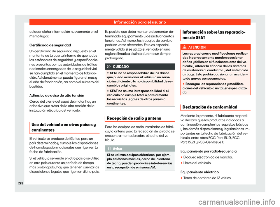 Seat Mii electric 2020  Manual de instrucciones (in Spanish) Informaci