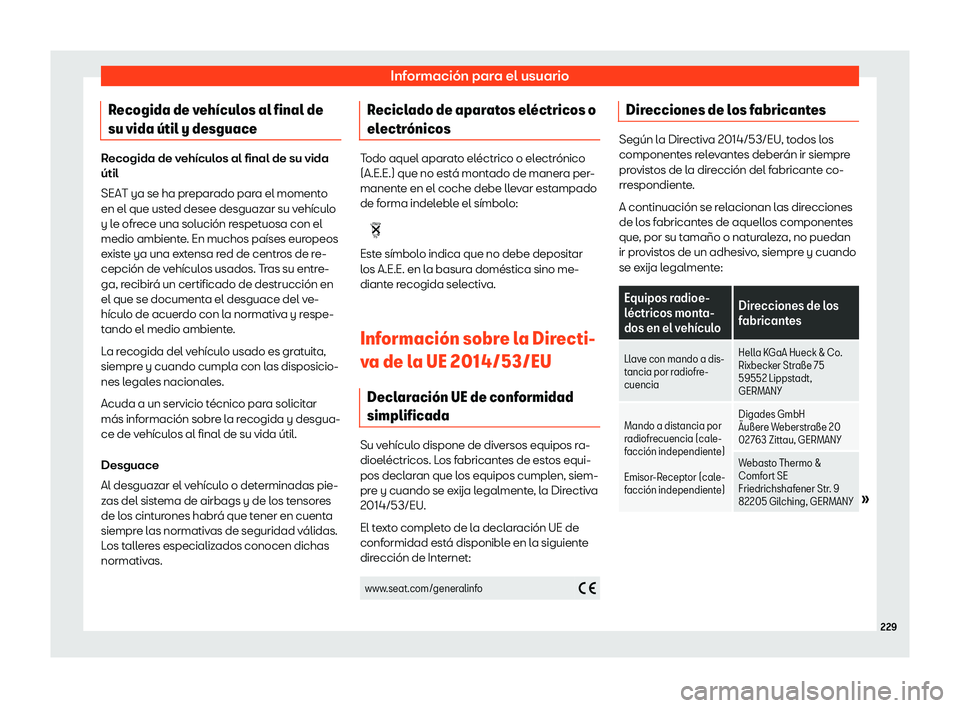 Seat Mii electric 2020  Manual de instrucciones (in Spanish) Informaci