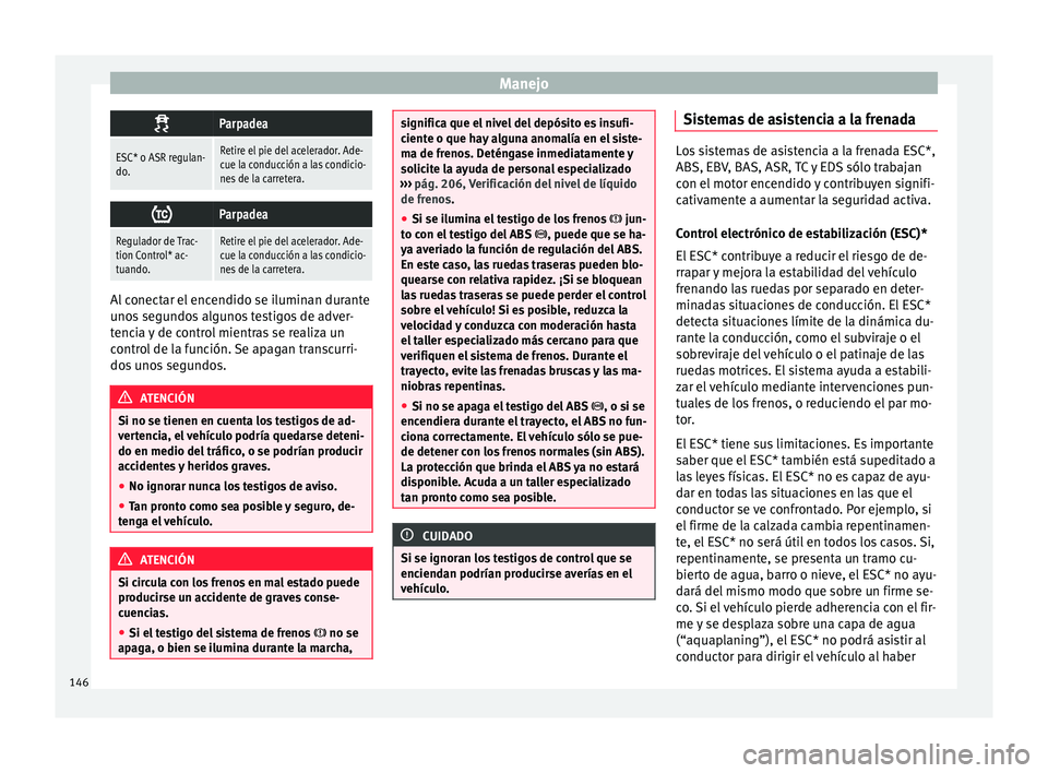 Seat Mii electric 2016 Manual de instrucciones (in Spanish) Manejo
Parpadea
ESC* o ASR regulan-
do.Retire el pie del acelerador. Ade-
cue la conducción a las condicio-
nes de la carretera.
Parpadea
Regulador de Trac-
tion Control* ac-
tuando.Retire el Seat Mii electric 2016 Manual de instrucciones (in Spanish) Manejo
Parpadea
ESC* o ASR regulan-
do.Retire el pie del acelerador. Ade-
cue la conducción a las condicio-
nes de la carretera.
Parpadea
Regulador de Trac-
tion Control* ac-
tuando.Retire el