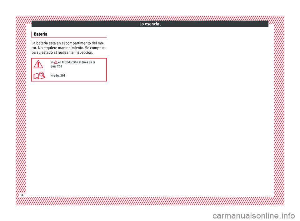 Seat Mii electric 2016  Manual de instrucciones (in Spanish) Lo esencial
Batería La batería está en el compartimento del mo-
tor
. No r
equiere mantenimiento. Se comprue-
ba su estado al realizar la inspección.

›››  en Introducción al tema de la
