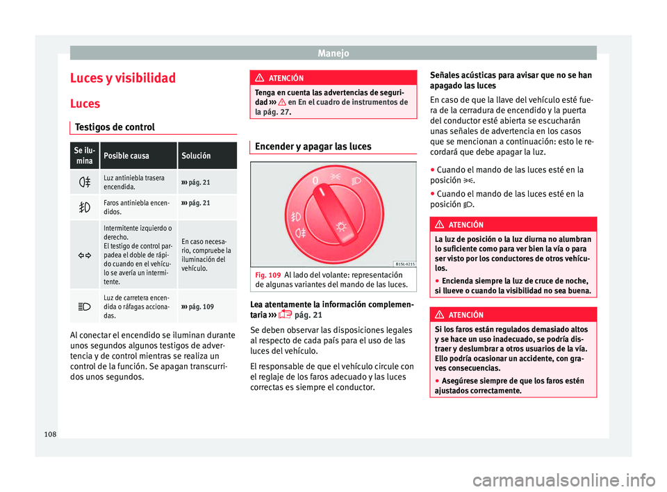 Seat Mii electric 2015  Manual de instrucciones (in Spanish) Manejo
Luces y visibilidad
L uc
e
s
Testigos de control
Se ilu- minaPosible causaSolución 
Luz antiniebla trasera
encendida.››› 
pág. 21 
Faros antiniebla encen-
didos.››› 
pág. 2