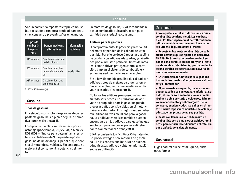 Seat Mii electric 2015  Manual de instrucciones (in Spanish) Consejos
SEAT recomienda repostar siempre combusti-
b l
e s
in azufre o con poca cantidad para redu-
cir el consumo y prevenir daños en el motor.
Tipos de
combusti- ble posi- blesDenominaciones alter