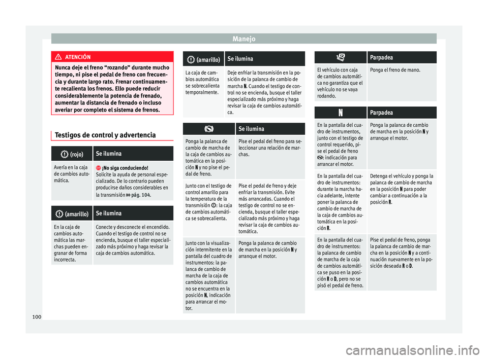 Seat Mii electric 2014 Manual de instrucciones (in Spanish) Manejo
ATENCIÓN
Nunca deje el freno “rozando” durante mucho
tiempo, ni pise el pedal de freno con frecuen-
cia y durante largo rato. Frenar continuamen-
te recalienta los frenos. Ello puede reduc Seat Mii electric 2014 Manual de instrucciones (in Spanish) Manejo
ATENCIÓN
Nunca deje el freno “rozando” durante mucho
tiempo, ni pise el pedal de freno con frecuen-
cia y durante largo rato. Frenar continuamen-
te recalienta los frenos. Ello puede reduc