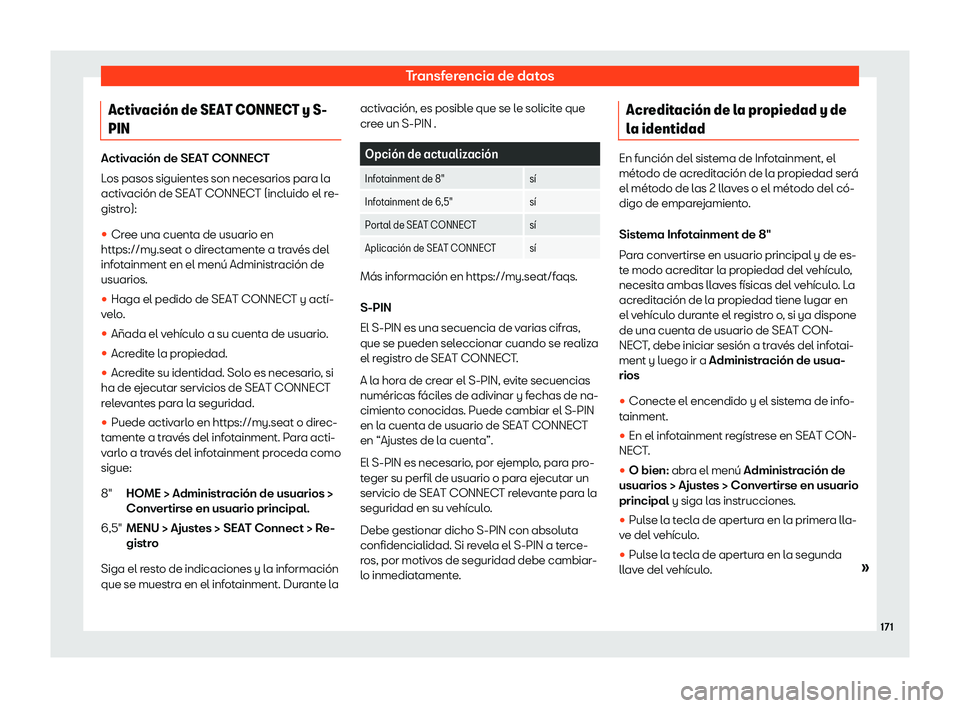Seat Ibiza 2020  Manual de instrucciones (in Spanish) Transferencia de datos
Activaci