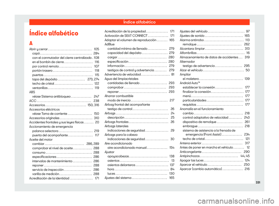 Seat Ibiza 2020  Manual de instrucciones (in Spanish) Índice alfabético
