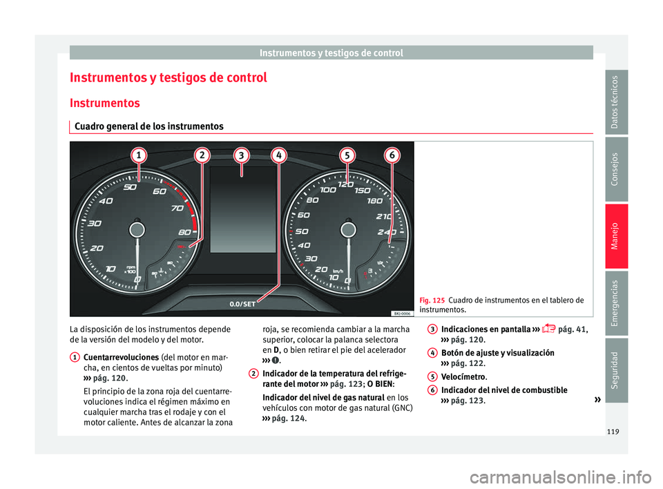 Seat Nuevo Ibiza 2017  Manual de instrucciones (in Spanish) Instrumentos y testigos de control
Instrumentos y testigos de control In s
trument
os
Cuadro general de los instrumentos Fig. 125
Cuadro de instrumentos en el tablero de
ins trument

os. La disposici