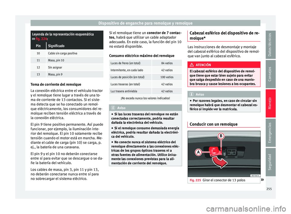 Seat Nuevo Ibiza 2017 Manual de instrucciones (in Spanish) Dispositivo de enganche para remolque y remolqueLeyenda de la representación esquemática
››› fig. 224:
PinSignificado
10Cable sin carga positiva
11Masa, pin 10
12Sin asignar
13Masa, pin 9 Tom Seat Nuevo Ibiza 2017 Manual de instrucciones (in Spanish) Dispositivo de enganche para remolque y remolqueLeyenda de la representación esquemática
››› fig. 224:
PinSignificado
10Cable sin carga positiva
11Masa, pin 10
12Sin asignar
13Masa, pin 9 Tom