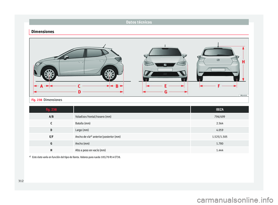 Seat Nuevo Ibiza 2017  Manual de instrucciones (in Spanish) Datos técnicos
Dimensiones Fig. 238
Dimensionesfig. 238 IBIZA
A/BVoladizos frontal/trasero (mm)796/699
CBatalla (mm)2.564
DLargo (mm)4.059
E/FAncho de vía a)
 anterior/posterior (mm)1.525/1.505
GAnc