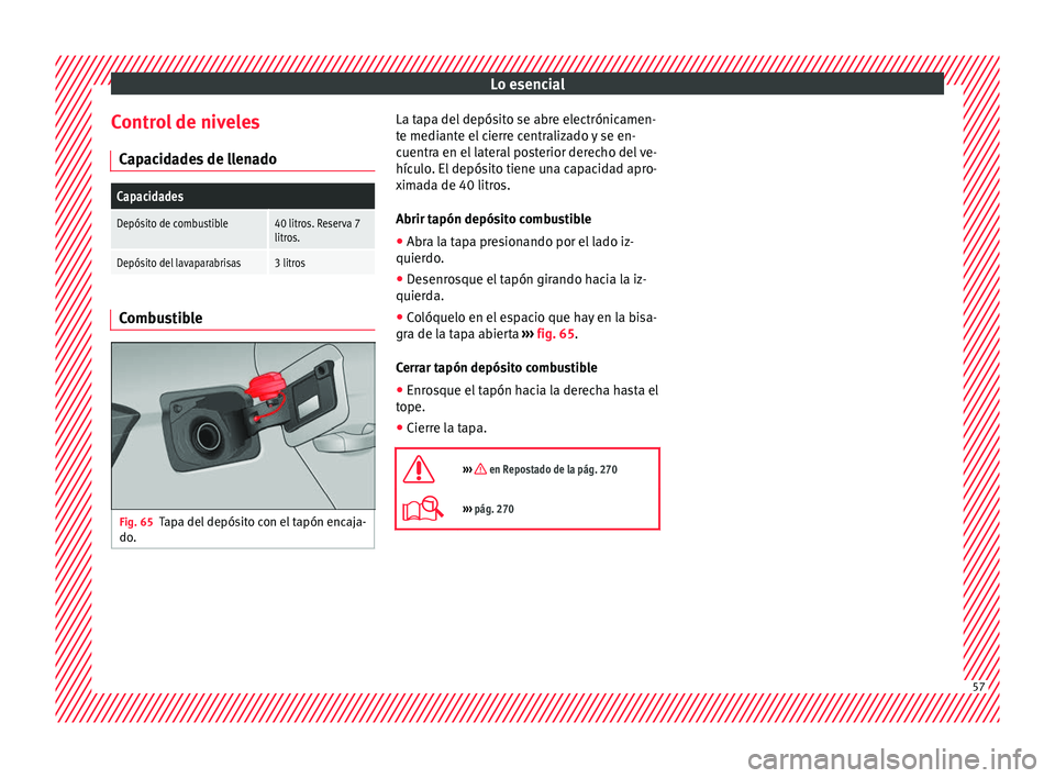 Seat Nuevo Ibiza 2017  Manual de instrucciones (in Spanish) Lo esencial
Control de niveles C ap
ac
idades de llenado
Capacidades
Depósito de combustible40 litros. Reserva 7
litros.
Depósito del lavaparabrisas3 litros Combustible
Fig. 65
Tapa del depósito co