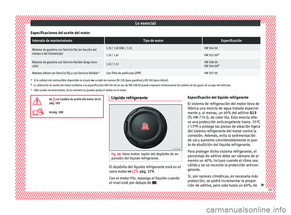 Seat Nuevo Ibiza 2017  Manual de instrucciones (in Spanish) Lo esencial
Especificaciones del aceite del motorIntervalo de mantenimientoTipo de motorEspecificación
Motores de gasolina con Servicio fijo (en función del
tiempo o del kilometraje)1.0l / 1.0l GNC 
