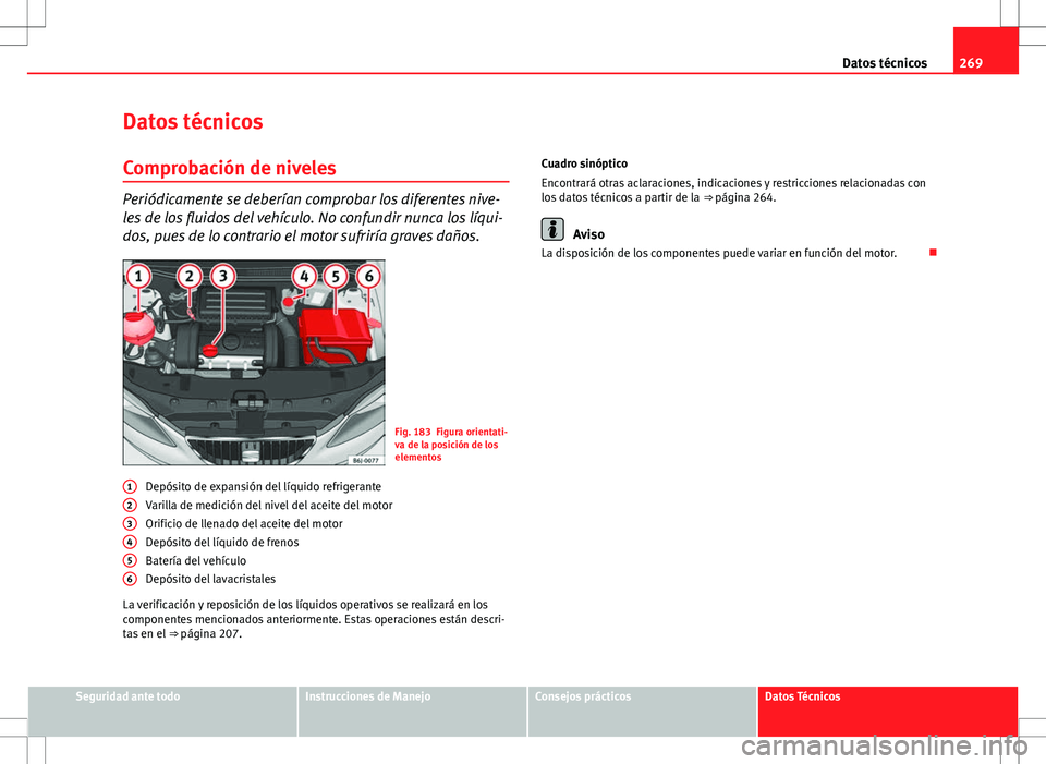 Seat Ibiza ST 2012  Manual de instrucciones (in Spanish) 269
Datos técnicos
Datos técnicos
Comprobación de niveles
Periódicamente se deberían comprobar los diferentes nive-
les de los fluidos del vehículo. No confundir nunca los líqui-
dos, pues de l