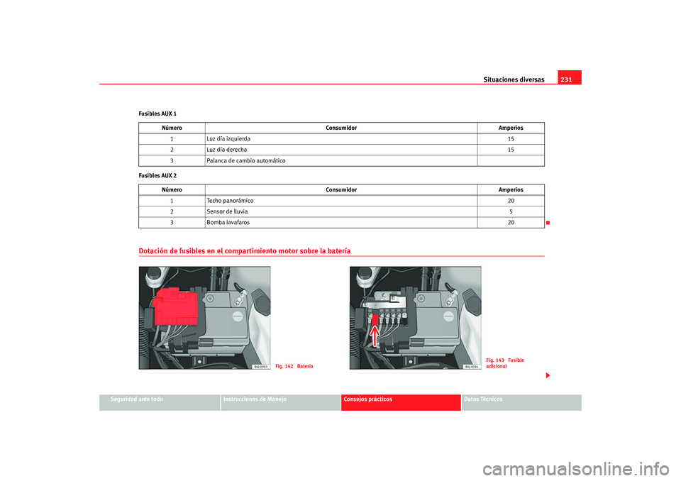 Seat Ibiza 5D 2008  Manual de instrucciones (in Spanish) Situaciones diversas231
Seguridad ante todo
Instrucciones de Manejo
Consejos prácticos
Datos Técnicos
Fusibles AUX 1
Fusibles AUX 2
Dotación de fusibles en el compartimiento motor sobre la batería