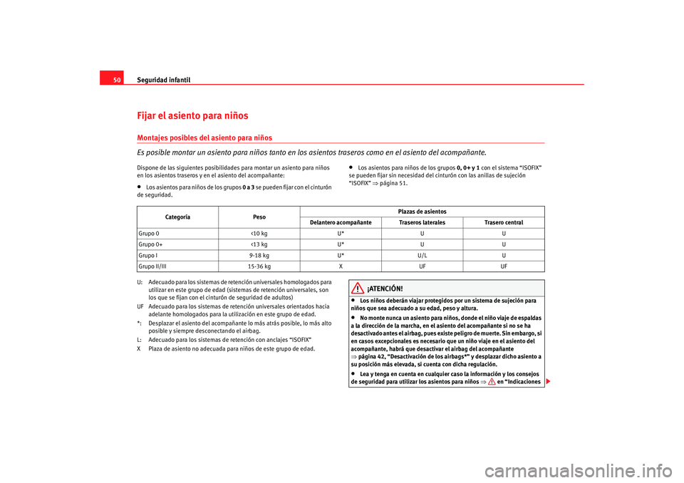 Seat Ibiza 5D 2008 Manual de instrucciones (in Spanish) Seguridad infantil
50Fijar el asiento para niñosMontajes posibles del asiento para niños
Es posible montar un asiento para ni ños tanto en los asientos traseros como en el asiento del acompañante. Seat Ibiza 5D 2008 Manual de instrucciones (in Spanish) Seguridad infantil
50Fijar el asiento para niñosMontajes posibles del asiento para niños
Es posible montar un asiento para ni ños tanto en los asientos traseros como en el asiento del acompañante.