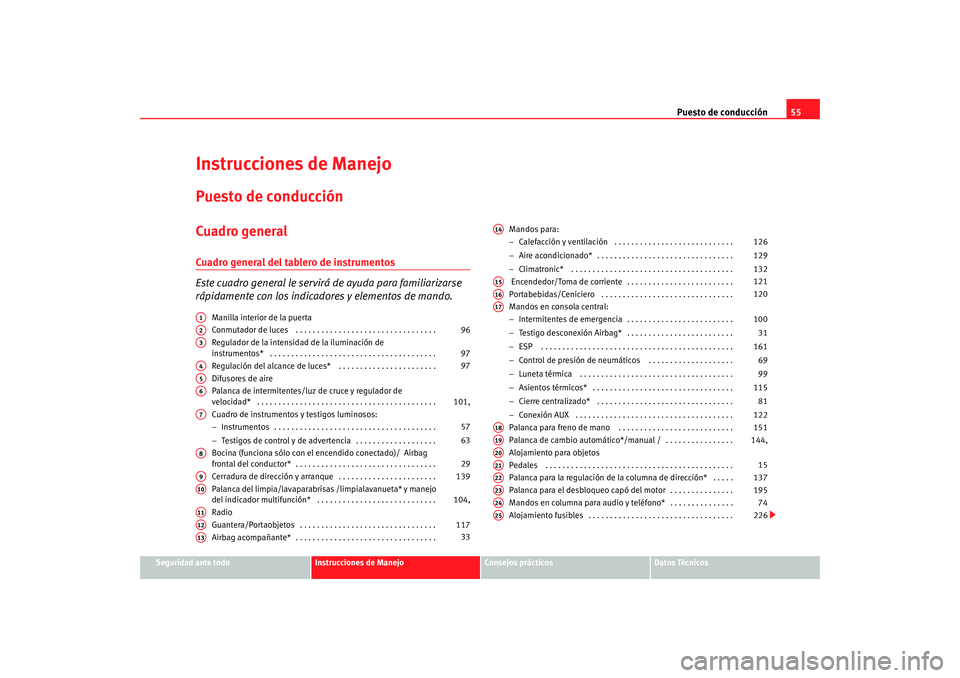 Seat Ibiza 5D 2008 Manual de instrucciones (in Spanish) Puesto de conducción55
Seguridad ante todo
Instrucciones de Manejo
Consejos prácticos
Datos Técnicos
Instrucciones de ManejoPuesto de conducciónCuadro generalCuadro general del tablero de instrume Seat Ibiza 5D 2008 Manual de instrucciones (in Spanish) Puesto de conducción55
Seguridad ante todo
Instrucciones de Manejo
Consejos prácticos
Datos Técnicos
Instrucciones de ManejoPuesto de conducciónCuadro generalCuadro general del tablero de instrume