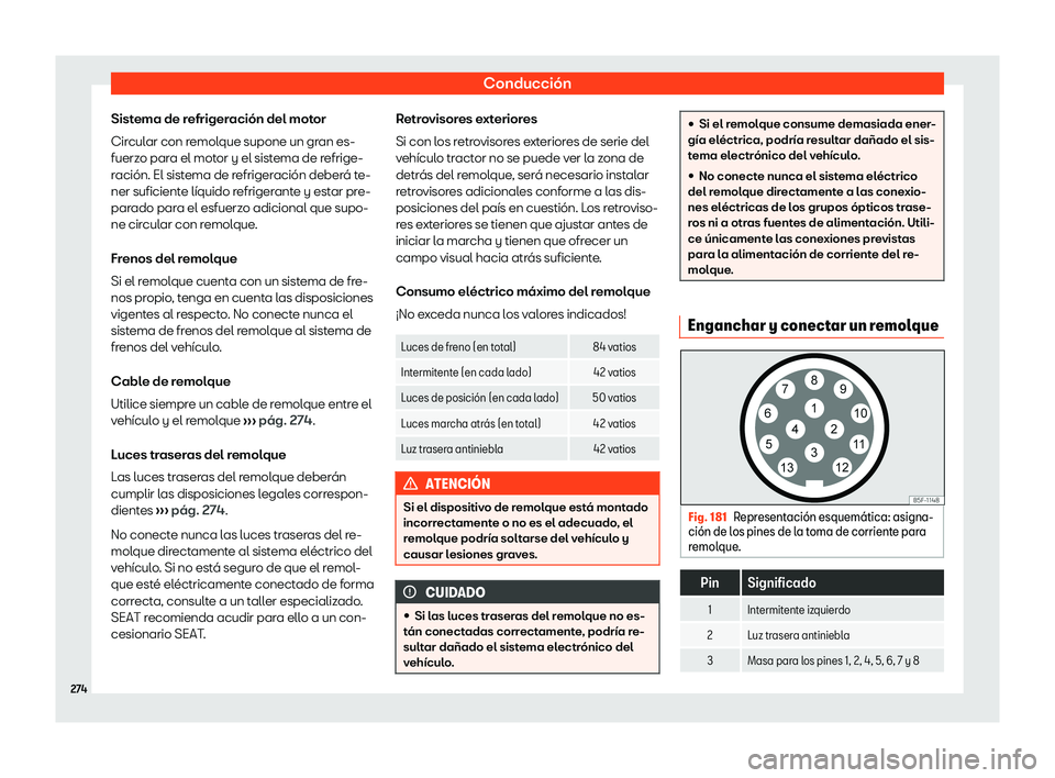 Seat Arona 2020 Manual de instrucciones (in Spanish) Conducción
Sistema de refrigeración del motor
Cir cul
ar con remolque supone un gran es-
fuerzo para el motor y el sistema de refrige-
ración. El sistema de refrigeración deberá te-
ner suficient Seat Arona 2020 Manual de instrucciones (in Spanish) Conducción
Sistema de refrigeración del motor
Cir cul
ar con remolque supone un gran es-
fuerzo para el motor y el sistema de refrige-
ración. El sistema de refrigeración deberá te-
ner suficient