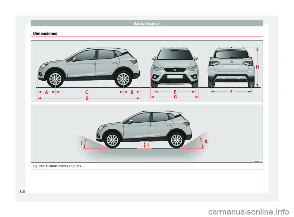 Seat Arona 2017  Manual de instrucciones (in Spanish) Datos técnicos
Dimensiones Fig. 246
Dimensiones y ángulos.318 