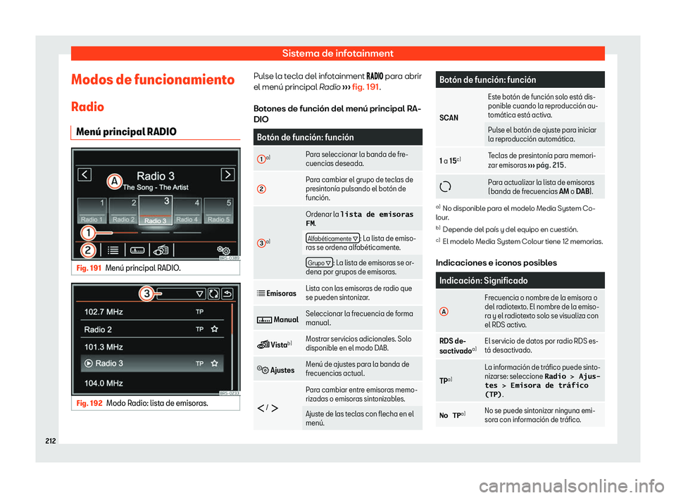 Seat Alhambra 2020  Manual de instrucciones (in Spanish) Sistema de infotainment
Modos de funcionamiento
R adio
Men