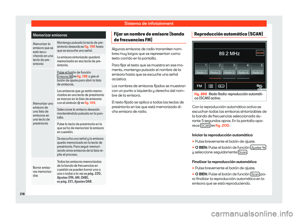 Seat Alhambra 2020  Manual de instrucciones (in Spanish) Sistema de infotainment
Memorizar emisoras
Memorizar la
emisor a que se
est
