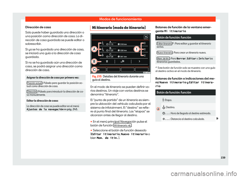 Seat Alhambra 2020  Manual de instrucciones (in Spanish) Modos de funcionamiento
Dirección de casa
Sol o puede haber guar
dada una dirección o
una posición como dirección de casa. La di-
rección de casa guardada se puede editar o
sobrescribir.
Si ya se