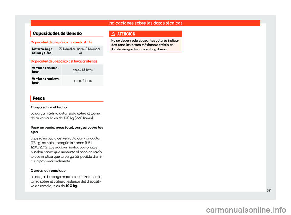 Seat Alhambra 2020  Manual de instrucciones (in Spanish) Indicaciones sobre los datos técnicos
Capacidades de llenado Capacidad del dep
