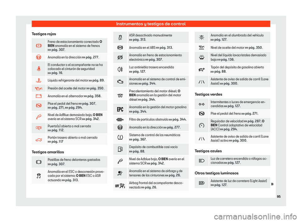 Seat Alhambra 2020  Manual de instrucciones (in Spanish) Instrumentos y testigos de control
Testigos rojos �
Freno de estacionamiento conectado O
BIEN anomal