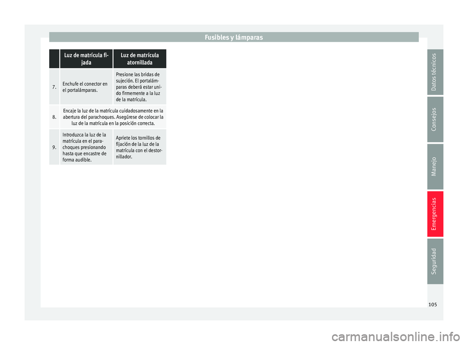 Seat Alhambra 2017  Manual de instrucciones (in Spanish) Fusibles y lámparas Luz de matrícula fi-
jadaLuz de matrículaatornillada
7.Enchufe el conector en
el portalámparas.
Presione las bridas de
sujeción. El portalám-
paras deberá estar uni-
do firm