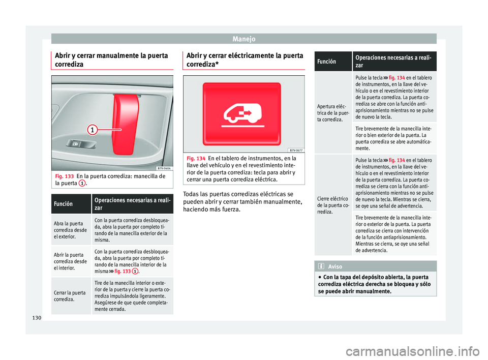 Seat Alhambra 2017  Manual de instrucciones (in Spanish) Manejo
Abrir y cerrar manualmente la puerta
c orr
ediz
a Fig. 133
En la puerta corrediza: manecilla de
l a p
uer

ta  1 .
FunciónOperaciones necesarias a reali-
zar
Abra la puerta
corrediza desde
el 