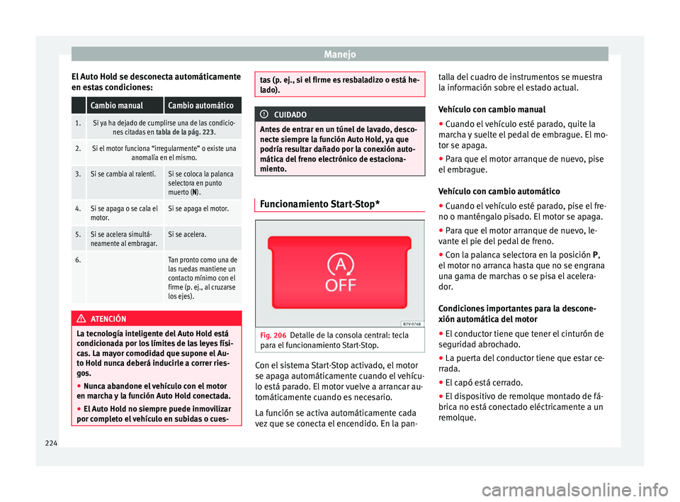 Seat Alhambra 2017  Manual de instrucciones (in Spanish) Manejo
El Auto Hold se desconecta automáticamente
en e s
t
as condiciones:
 Cambio manualCambio automático
1.Si ya ha dejado de cumplirse una de las condicio-nes citadas en  tabla de la pág. 223.
2