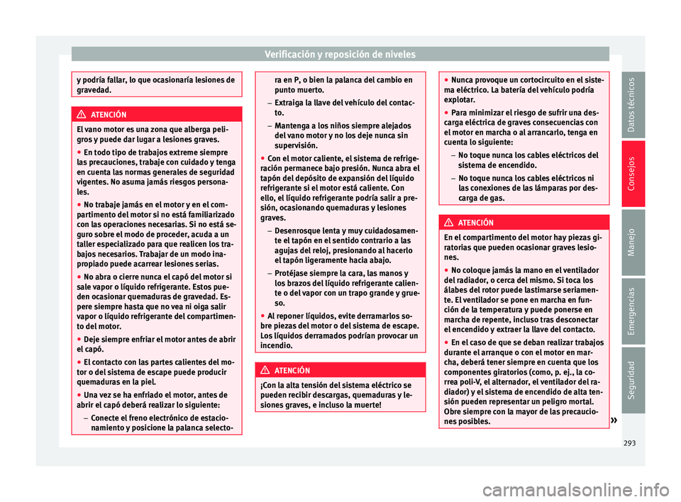 Seat Alhambra 2017  Manual de instrucciones (in Spanish) Verificación y reposición de niveles
y podría fallar, lo que ocasionaría lesiones de
grav
ed
ad. ATENCIÓN
El vano motor es una zona que alberga peli-
gr os

 y puede dar lugar a lesiones graves.
