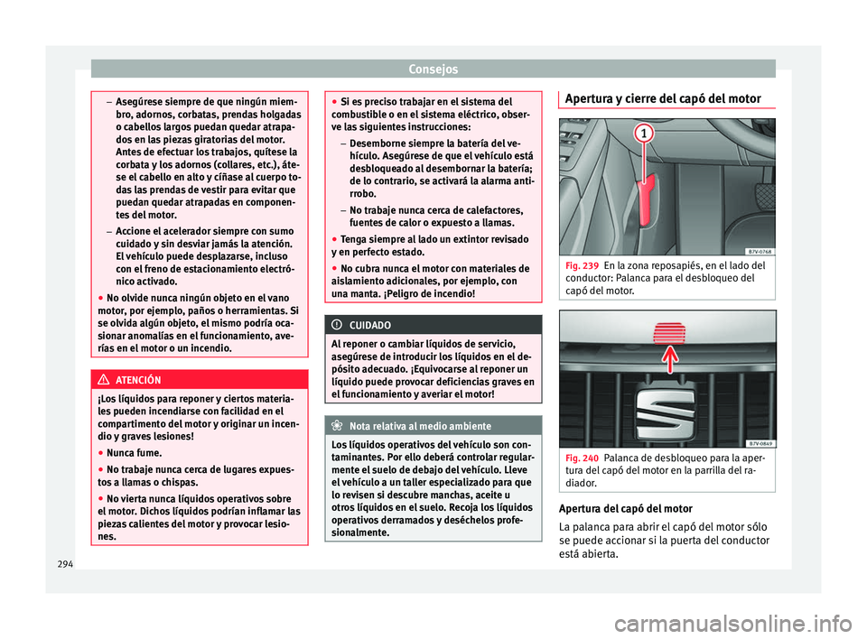 Seat Alhambra 2017  Manual de instrucciones (in Spanish) Consejos
–
Asegúr e
se siempre de que ningún miem-
bro, adornos, corbatas, prendas holgadas
o cabellos largos puedan quedar atrapa-
dos en las piezas giratorias del motor.
Antes de efectuar los tr