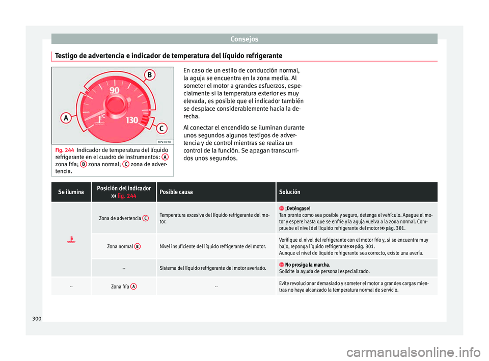 Seat Alhambra 2015  Manual de instrucciones (in Spanish) Consejos
Testigo de advertencia e indicador de temperatura del líquido refrigerante Fig. 244
Indicador de temperatura del líquido
refrig er
ante en el cuadro de instrumentos:  Azona fría; 
B  zona 