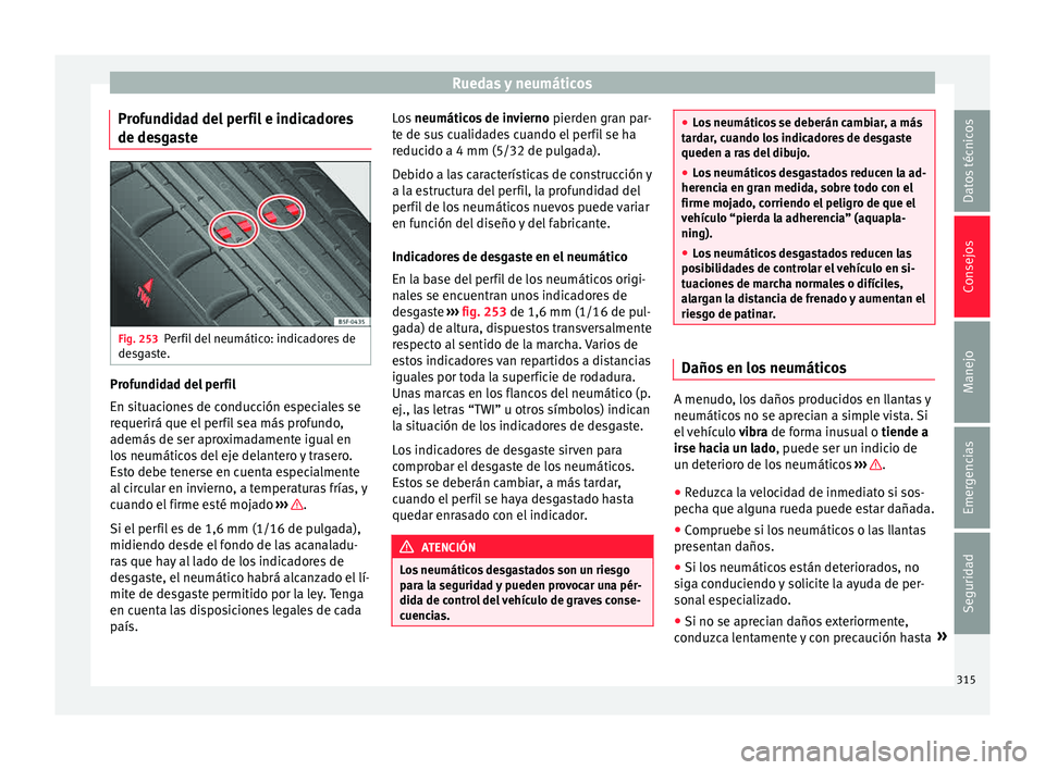 Seat Alhambra 2015  Manual de instrucciones (in Spanish) Ruedas y neumáticos
Profundidad del perfil e indicadores
de de sg
a
ste Fig. 253
Perfil del neumático: indicadores de
de sg
a

ste. Profundidad del perfil
En s
it
uac

iones de conducción especiale