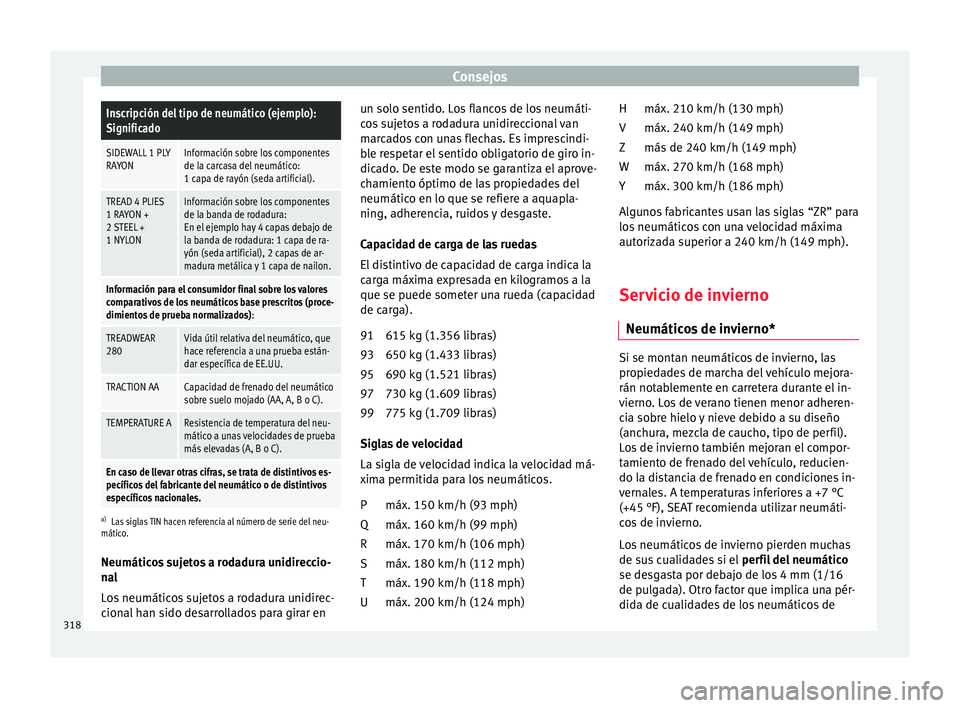 Seat Alhambra 2015  Manual de instrucciones (in Spanish) ConsejosInscripción del tipo de neumático (ejemplo):
Significado
SIDEWALL 1 PLY
RAYONInformación sobre los componentes
de la carcasa del neumático:
1 capa de rayón (seda artificial).
TREAD 4 PLIE