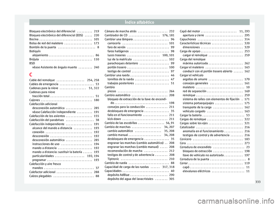 Seat Alhambra 2015  Manual de instrucciones (in Spanish) Índice alfabético
Bloqueo electrónico del diferencial  . . . . . . . . . . 219
Bloqueo el ectrónic
o del
 diferencial (EDS)  . . . . . 220
Bocina  . . . . . . . . . . . . . . . . . . . . . . . . .