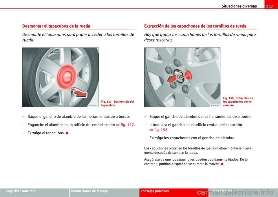 Seat Alhambra 2006  Manual de instrucciones (in Spanish) Situaciones diversas253
Seguridad ante todoInstrucciones de ManejoConsejos prácticosDatos Técnicos
Desmontar el tapacubos de la rueda
Desmonte el tapacubos para poder acceder a los tornillos de 
rue