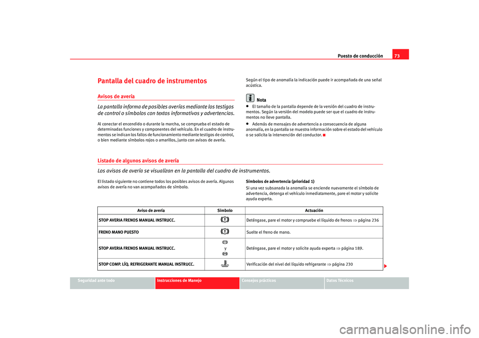 Seat Alhambra 2005  Manual de instrucciones (in Spanish) Puesto de conducción73
Seguridad ante todo
Instrucciones de Manejo
Consejos prácticos
Datos Técnicos
Pantalla del cuadro de instrumentosAvisos de avería
La pantalla informa de posibles  averías m