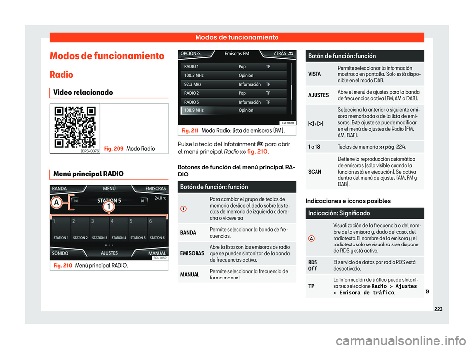 Seat Tarraco 2018  Manual de instrucciones (in Spanish) Modos de funcionamiento
Modos de funcionamiento
R adio
Video r el
acionado Fig. 209
Modo Radio Men