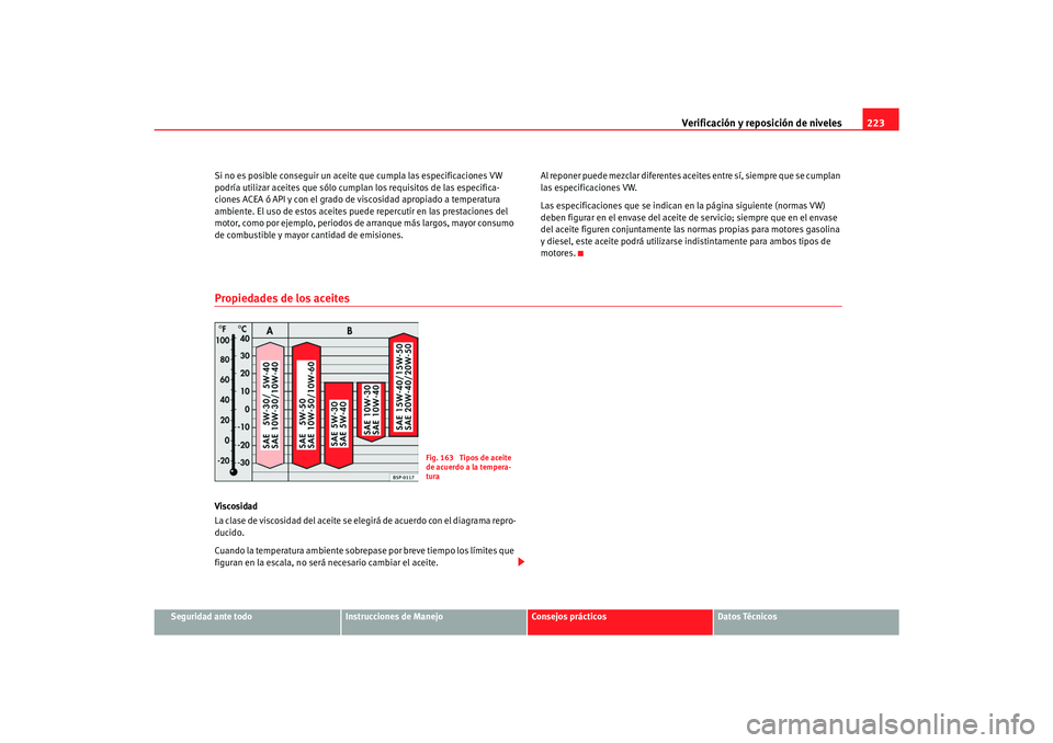 Seat Toledo 2007 Manual de instrucciones (in Spanish) Verificación y reposición de niveles223
Seguridad ante todo
Instrucciones de Manejo
Consejos prácticos
Datos Técnicos
Si no es posible conseguir un aceite que cumpla las especificaciones VW
podr Seat Toledo 2007 Manual de instrucciones (in Spanish) Verificación y reposición de niveles223
Seguridad ante todo
Instrucciones de Manejo
Consejos prácticos
Datos Técnicos
Si no es posible conseguir un aceite que cumpla las especificaciones VW
podr